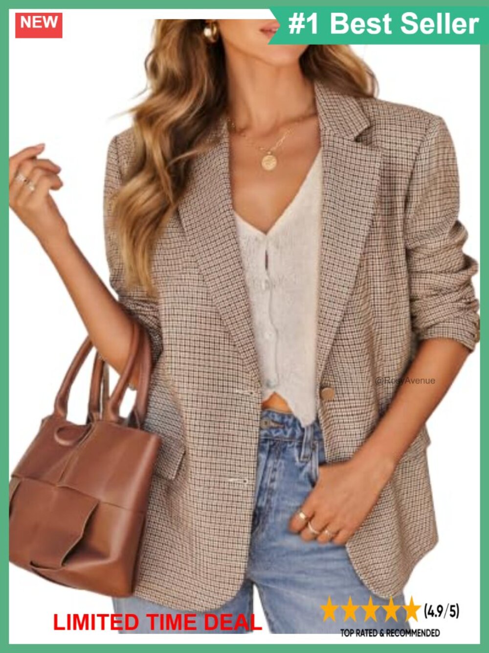 Plaid Blazer Long Sleeve Business Casual Boyfriend Fit Notch Lapel Button